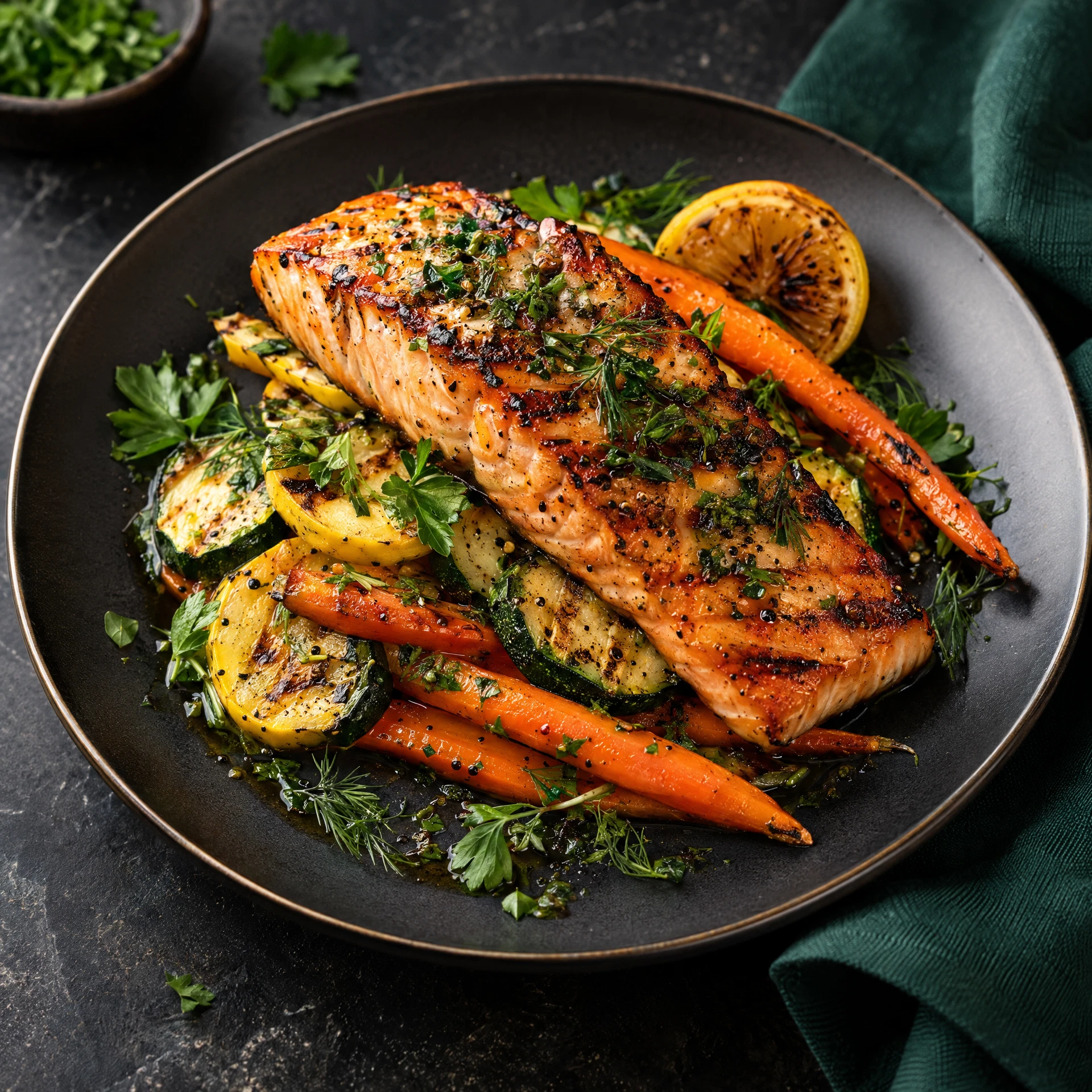 Grilled salmon with vegetables